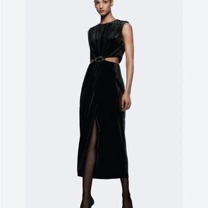 Zara Black Velvet Midi Dress with Waist Cutout